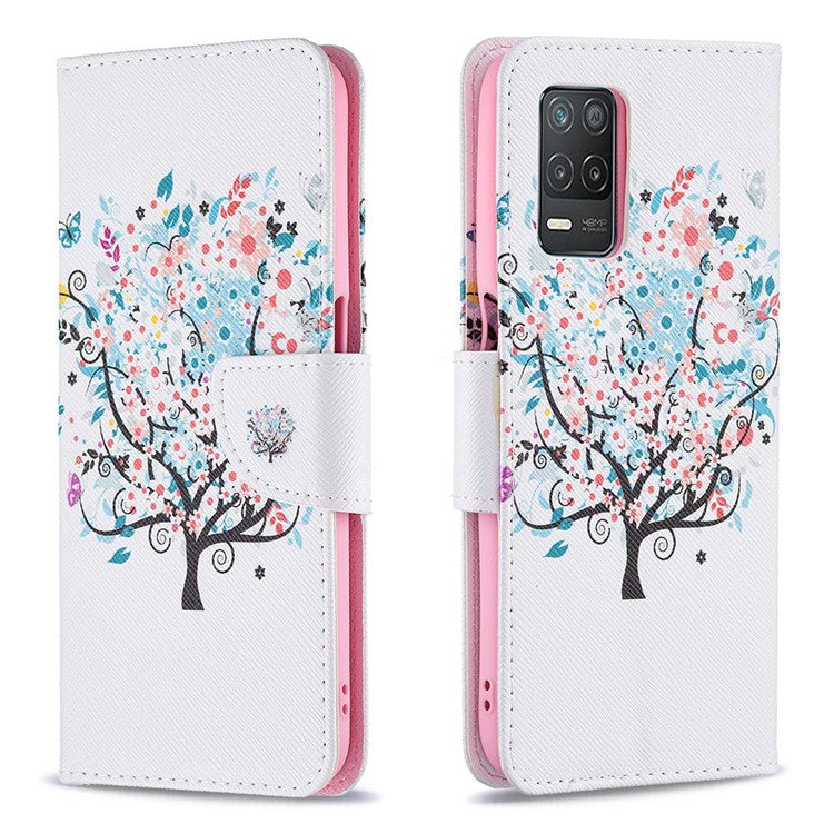 Wallet Stand Design Folio Flip Pattern Printing Magnetic Leather Case for Realme 8 5G/V13 5G/Narzo 30 5G - Flower Tree