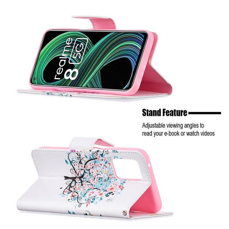 Wallet Stand Design Folio Flip Pattern Printing Magnetic Leather Case for Realme 8 5G/V13 5G/Narzo 30 5G - Flower Tree