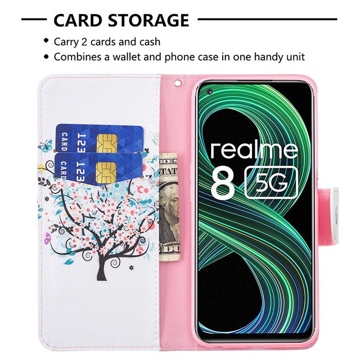 Wallet Stand Design Folio Flip Pattern Printing Magnetic Leather Case for Realme 8 5G/V13 5G/Narzo 30 5G - Flower Tree