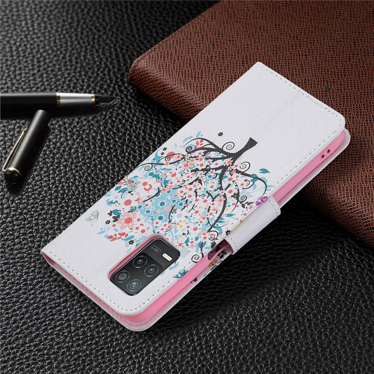 Wallet Stand Design Folio Flip Pattern Printing Magnetic Leather Case for Realme 8 5G/V13 5G/Narzo 30 5G - Flower Tree