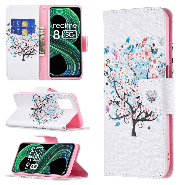 Wallet Stand Design Folio Flip Pattern Printing Magnetic Leather Case for Realme 8 5G/V13 5G/Narzo 30 5G - Flower Tree