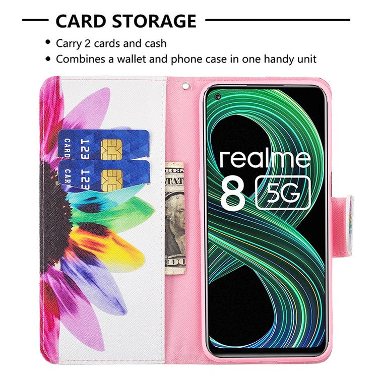 Wallet Stand Design Folio Flip Pattern Printing Magnetic Leather Case for Realme 8 5G/V13 5G/Narzo 30 5G - Sunflower
