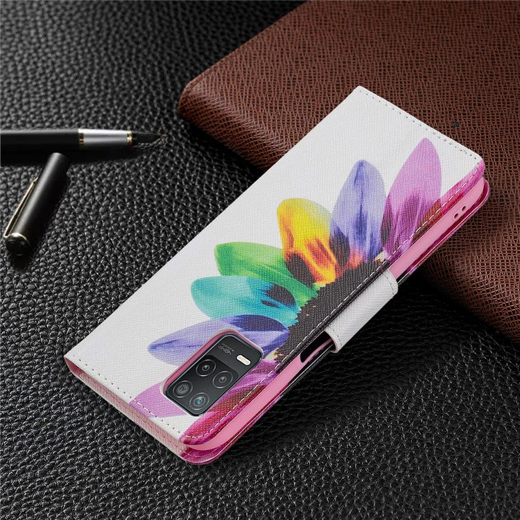 Wallet Stand Design Folio Flip Pattern Printing Magnetic Leather Case for Realme 8 5G/V13 5G/Narzo 30 5G - Sunflower