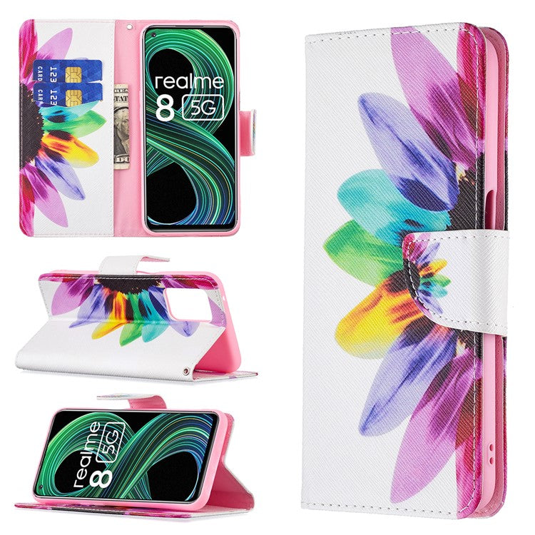 Wallet Stand Design Folio Flip Pattern Printing Magnetic Leather Case for Realme 8 5G/V13 5G/Narzo 30 5G - Sunflower