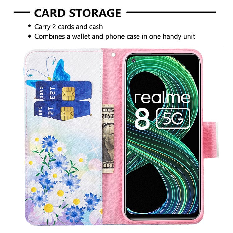 Wallet Stand Design Folio Flip Pattern Printing Magnetic Leather Case for Realme 8 5G/V13 5G/Narzo 30 5G - Blue Butterflies and Flowers
