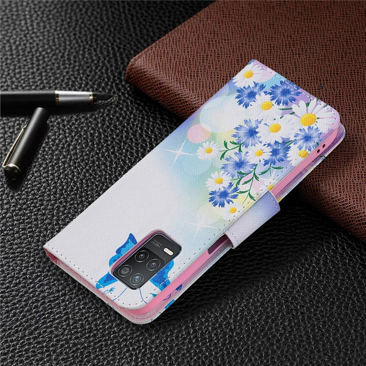 Wallet Stand Design Folio Flip Pattern Printing Magnetic Leather Case for Realme 8 5G/V13 5G/Narzo 30 5G - Blue Butterflies and Flowers