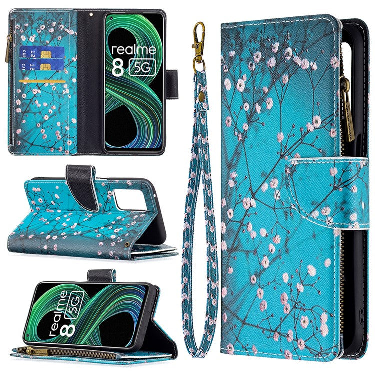Pattern Printing Zipper Wallet Stand Leather Phone Cover Case with Wrist Strap for Realme 8 5G/V13 5G/Narzo 30 5G - Plum Blossom