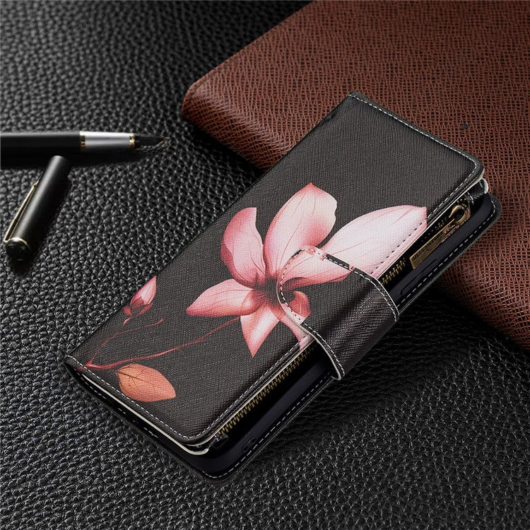 Pattern Printing Zipper Wallet Stand Design PU Leather Phone Shell Case for Realme C21/C20 - Lotus