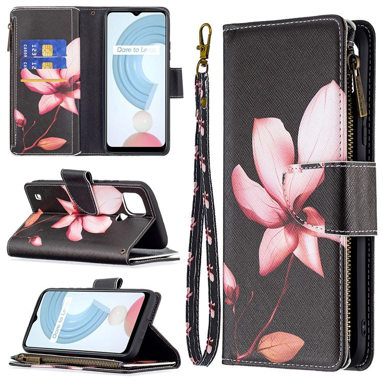 Pattern Printing Zipper Wallet Stand Design PU Leather Phone Shell Case for Realme C21/C20 - Lotus