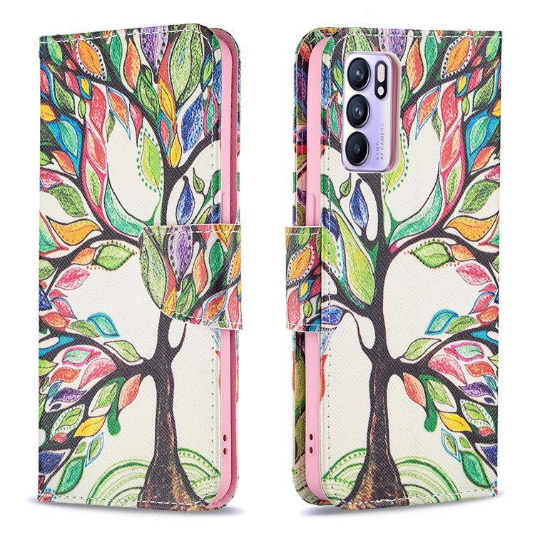 Pattern Printing Drop-Resistant Magnetic Leather Wallet Case with Stand for Oppo Reno6 5G - Life Tree