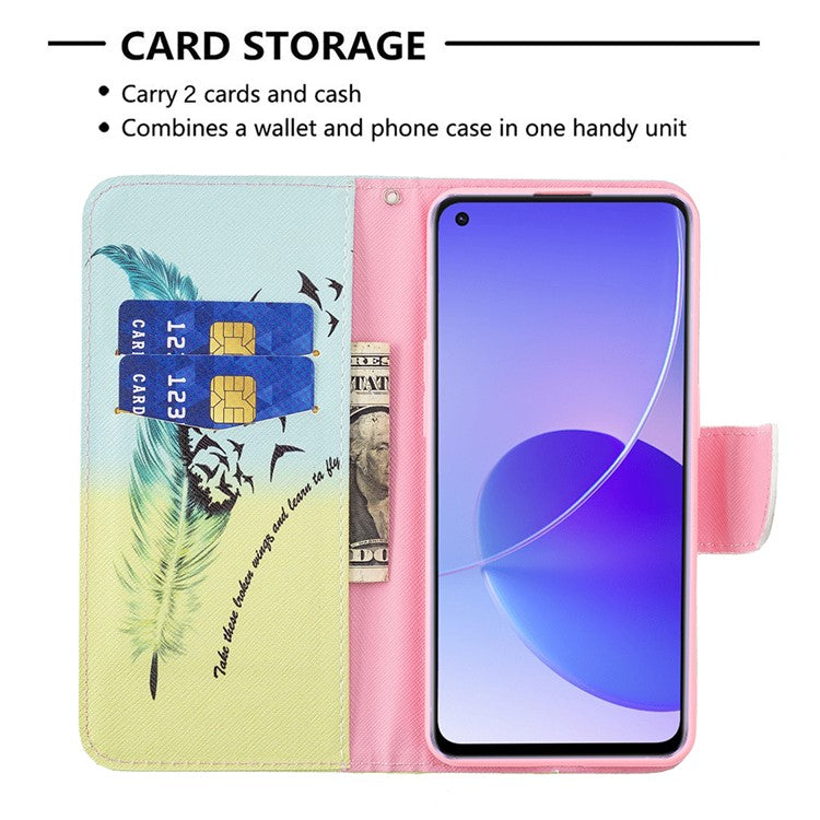 Pattern Printing Drop-Resistant Magnetic Leather Wallet Case with Stand for Oppo Reno6 5G - Feather/Bird Pattern