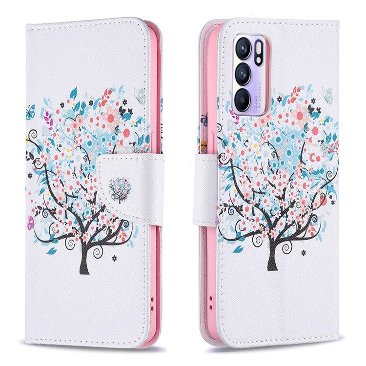 Pattern Printing Drop-Resistant Magnetic Leather Wallet Case with Stand for Oppo Reno6 5G - Flower Tree