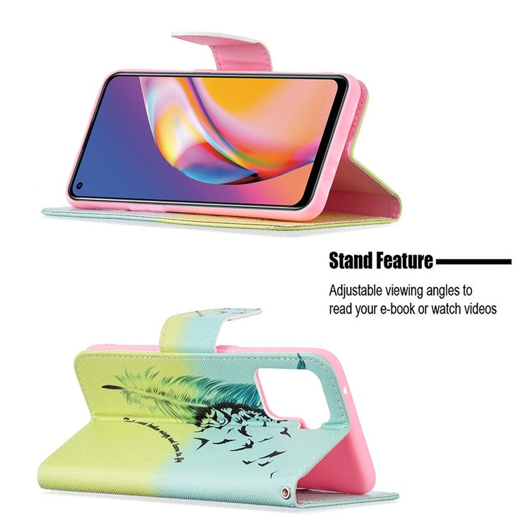 Pattern Printing Leather + Soft TPU Inner Case with Wallet Stand for Oppo A94/Reno5 F/F19 Pro - Feather/Bird Pattern