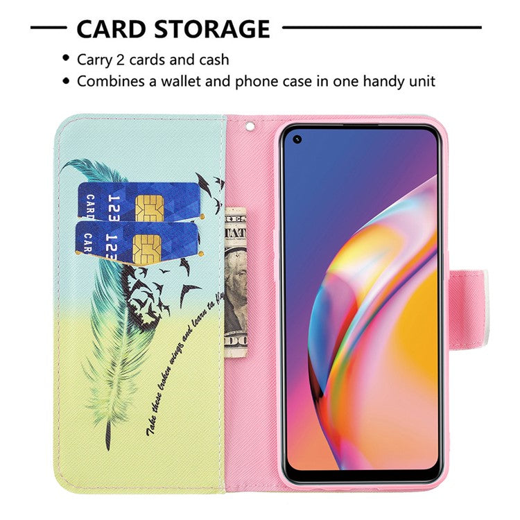 Pattern Printing Leather + Soft TPU Inner Case with Wallet Stand for Oppo A94/Reno5 F/F19 Pro - Feather/Bird Pattern