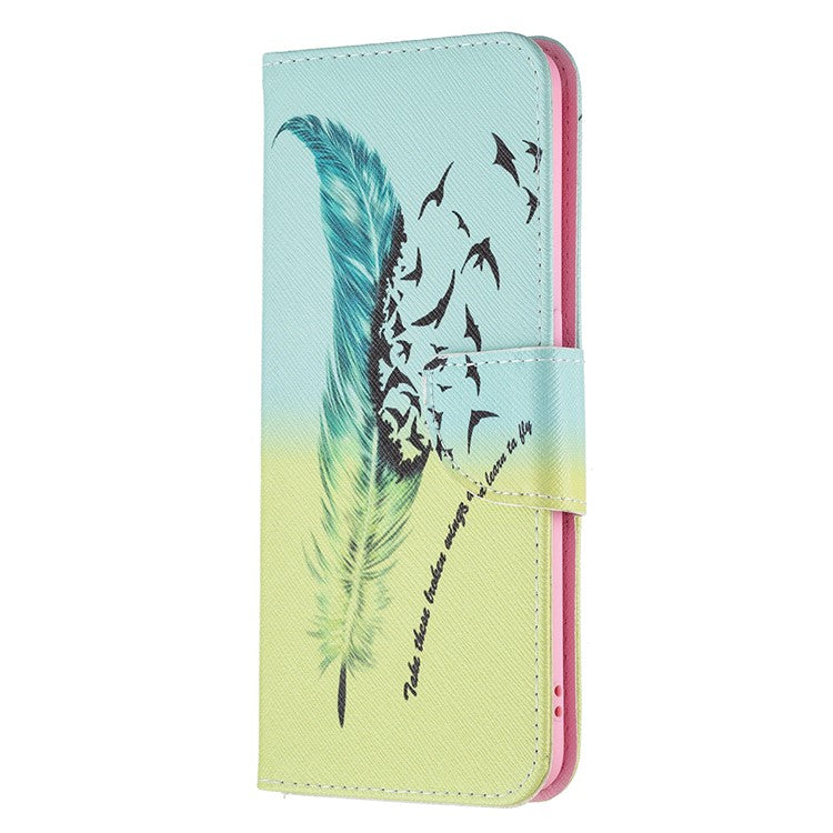 Pattern Printing Leather + Soft TPU Inner Case with Wallet Stand for Oppo A94/Reno5 F/F19 Pro - Feather/Bird Pattern