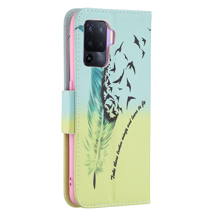 Pattern Printing Leather + Soft TPU Inner Case with Wallet Stand for Oppo A94/Reno5 F/F19 Pro - Feather/Bird Pattern