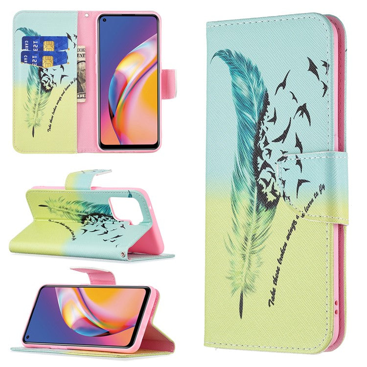 Pattern Printing Leather + Soft TPU Inner Case with Wallet Stand for Oppo A94/Reno5 F/F19 Pro - Feather/Bird Pattern
