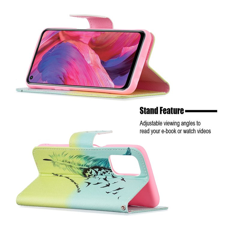 Pattern Printing Good Hand -Hold Feeling Leather Wallet Stand Case for Oppo A74 5G/A93 5G/A54 5G - Feather/Bird Pattern