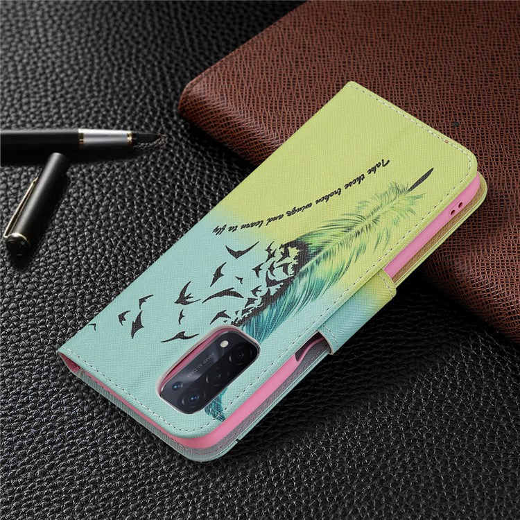 Pattern Printing Good Hand -Hold Feeling Leather Wallet Stand Case for Oppo A74 5G/A93 5G/A54 5G - Feather/Bird Pattern