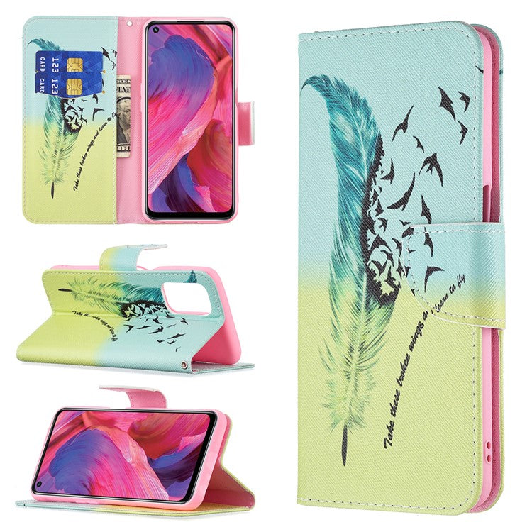Pattern Printing Good Hand -Hold Feeling Leather Wallet Stand Case for Oppo A74 5G/A93 5G/A54 5G - Feather/Bird Pattern