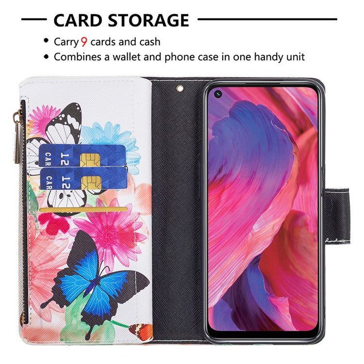 Shock-Absorbed Zippered Wallet Design BF03 Pattern Printing Full Protection Leather Stand Phone Cover for Oppo A74 5G/A93 5G/A54 5G - Two Butterflies
