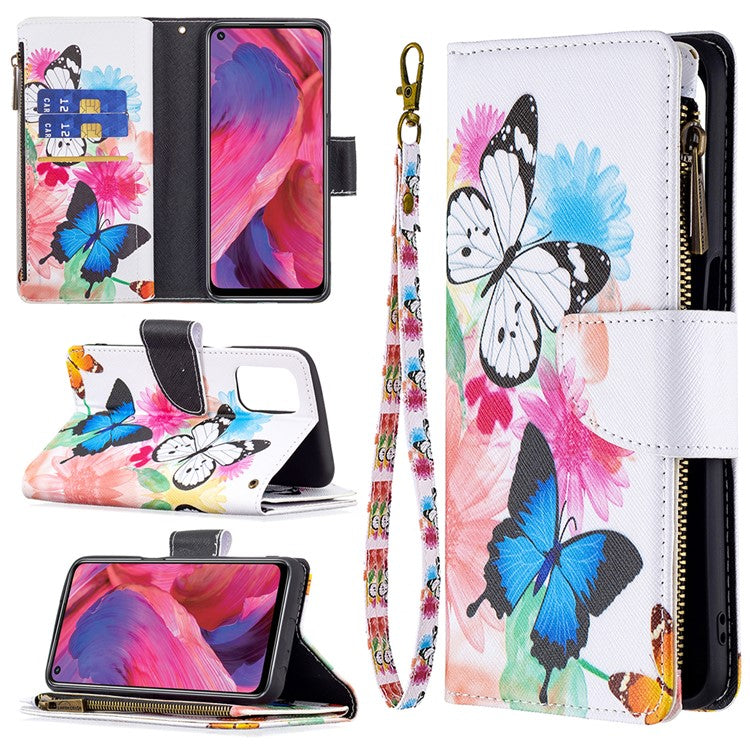 Shock-Absorbed Zippered Wallet Design BF03 Pattern Printing Full Protection Leather Stand Phone Cover for Oppo A74 5G/A93 5G/A54 5G - Two Butterflies