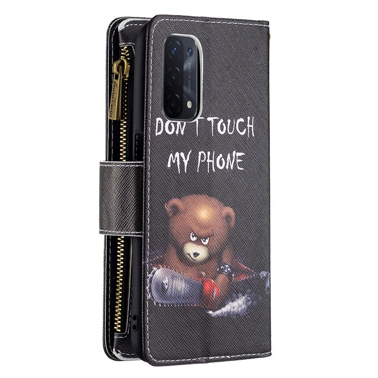 Shock-Absorbed Zippered Wallet Design BF03 Pattern Printing Full Protection Leather Stand Phone Cover for Oppo A74 5G/A93 5G/A54 5G - Bear