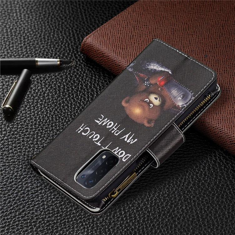 Shock-Absorbed Zippered Wallet Design BF03 Pattern Printing Full Protection Leather Stand Phone Cover for Oppo A74 5G/A93 5G/A54 5G - Bear