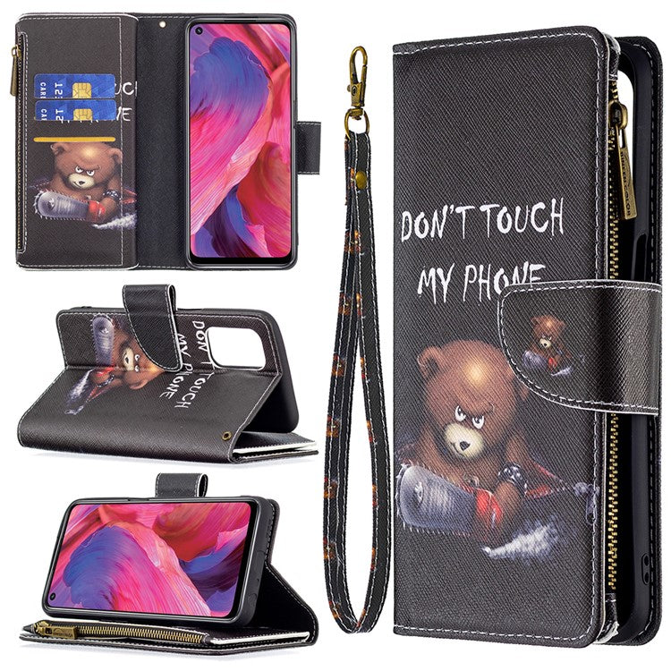 Shock-Absorbed Zippered Wallet Design BF03 Pattern Printing Full Protection Leather Stand Phone Cover for Oppo A74 5G/A93 5G/A54 5G - Bear