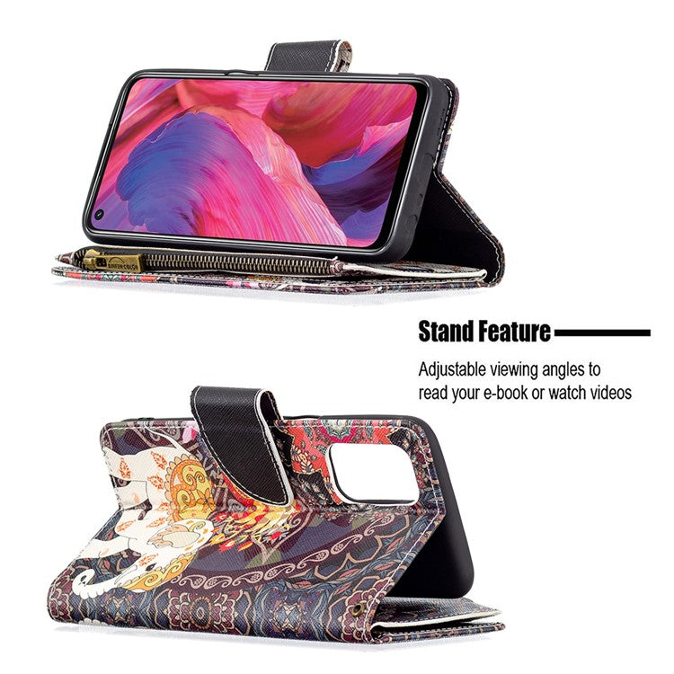 Shock-Absorbed Zippered Wallet Design BF03 Pattern Printing Full Protection Leather Stand Phone Cover for Oppo A74 5G/A93 5G/A54 5G - Flower and Elephant