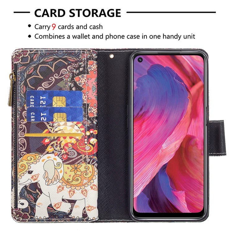 Shock-Absorbed Zippered Wallet Design BF03 Pattern Printing Full Protection Leather Stand Phone Cover for Oppo A74 5G/A93 5G/A54 5G - Flower and Elephant