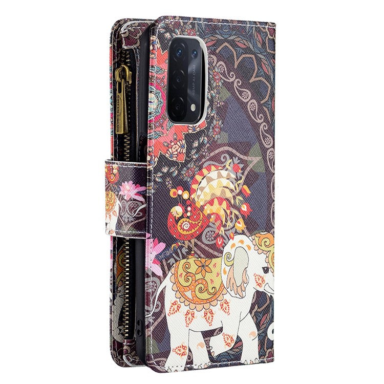 Shock-Absorbed Zippered Wallet Design BF03 Pattern Printing Full Protection Leather Stand Phone Cover for Oppo A74 5G/A93 5G/A54 5G - Flower and Elephant