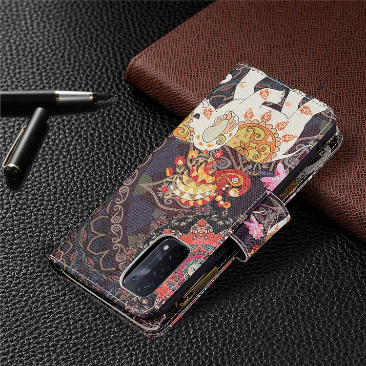Shock-Absorbed Zippered Wallet Design BF03 Pattern Printing Full Protection Leather Stand Phone Cover for Oppo A74 5G/A93 5G/A54 5G - Flower and Elephant