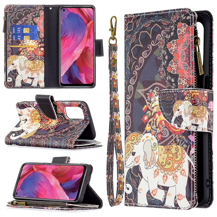 Shock-Absorbed Zippered Wallet Design BF03 Pattern Printing Full Protection Leather Stand Phone Cover for Oppo A74 5G/A93 5G/A54 5G - Flower and Elephant