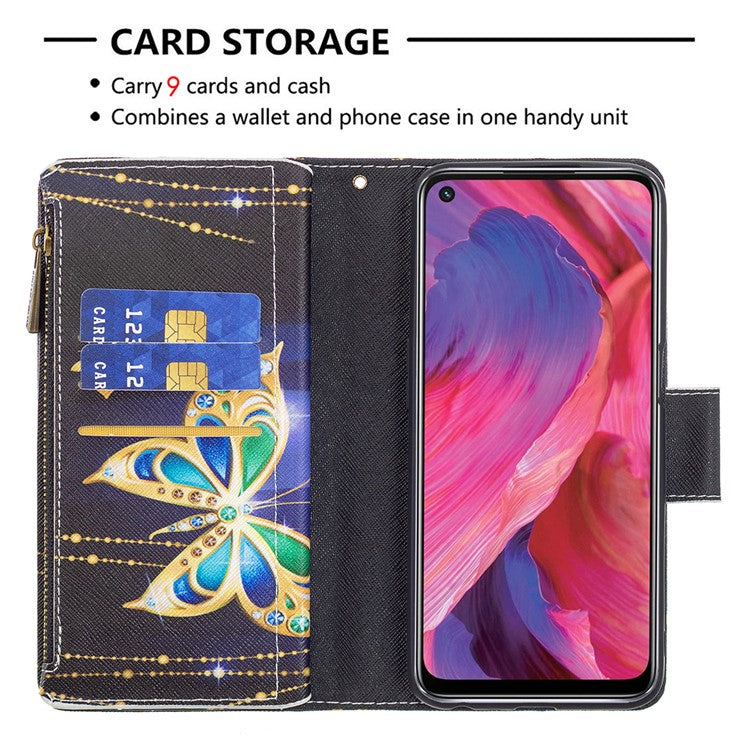Shock-Absorbed Zippered Wallet Design BF03 Pattern Printing Full Protection Leather Stand Phone Cover for Oppo A74 5G/A93 5G/A54 5G - Crystal Butterfly