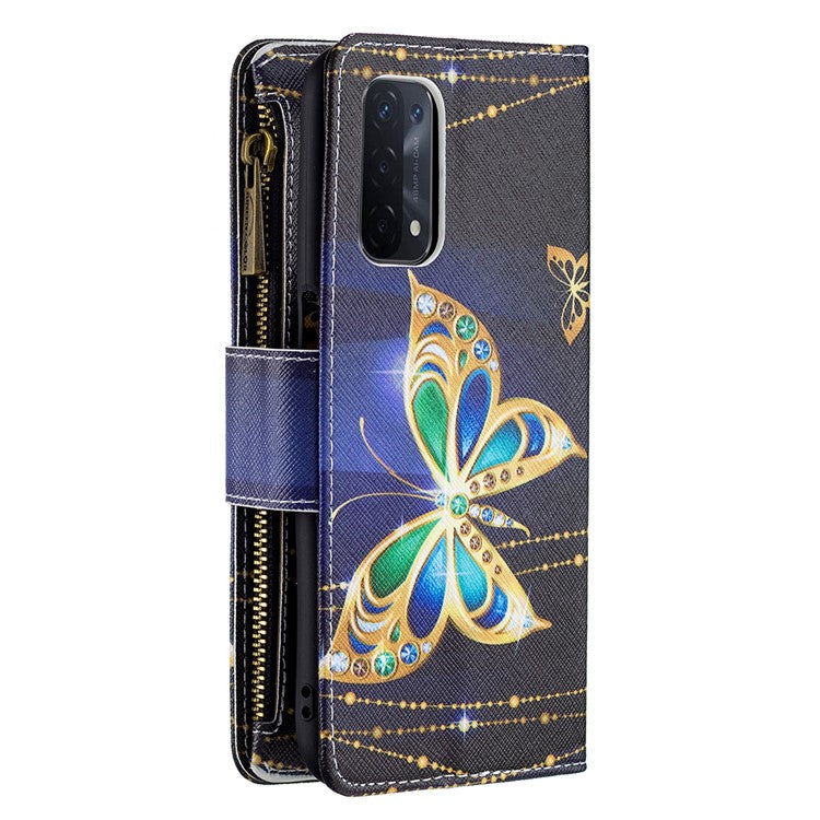 Shock-Absorbed Zippered Wallet Design BF03 Pattern Printing Full Protection Leather Stand Phone Cover for Oppo A74 5G/A93 5G/A54 5G - Crystal Butterfly