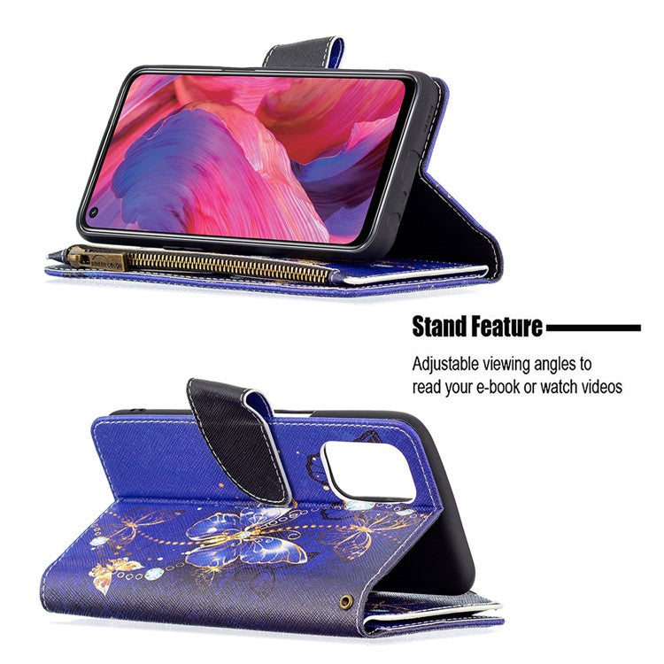 Shock-Absorbed Zippered Wallet Design BF03 Pattern Printing Full Protection Leather Stand Phone Cover for Oppo A74 5G/A93 5G/A54 5G - Golden Butterflies