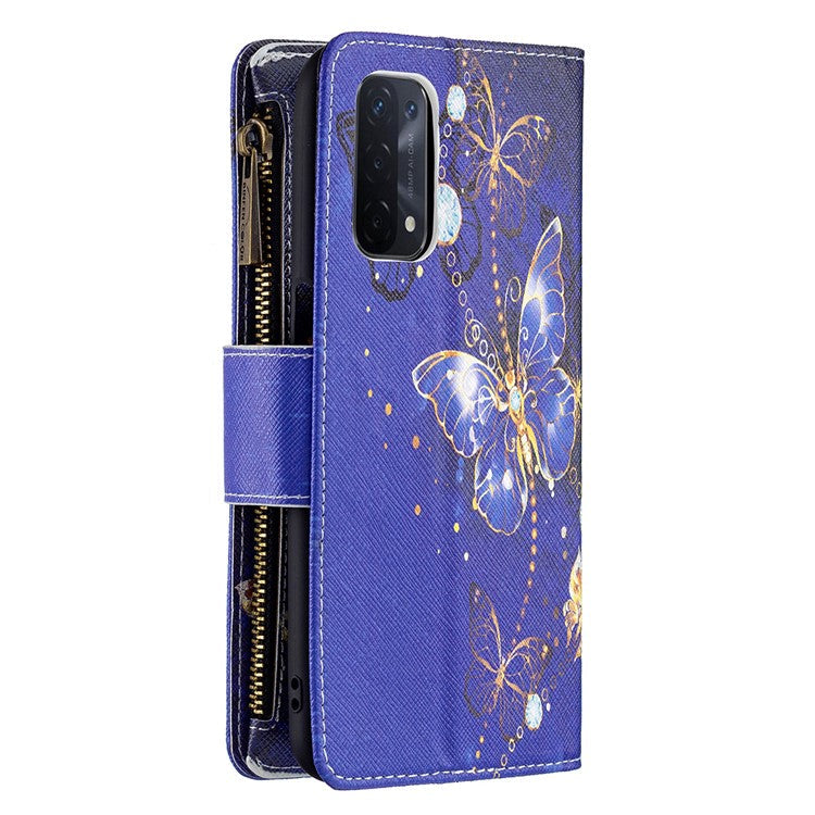Shock-Absorbed Zippered Wallet Design BF03 Pattern Printing Full Protection Leather Stand Phone Cover for Oppo A74 5G/A93 5G/A54 5G - Golden Butterflies