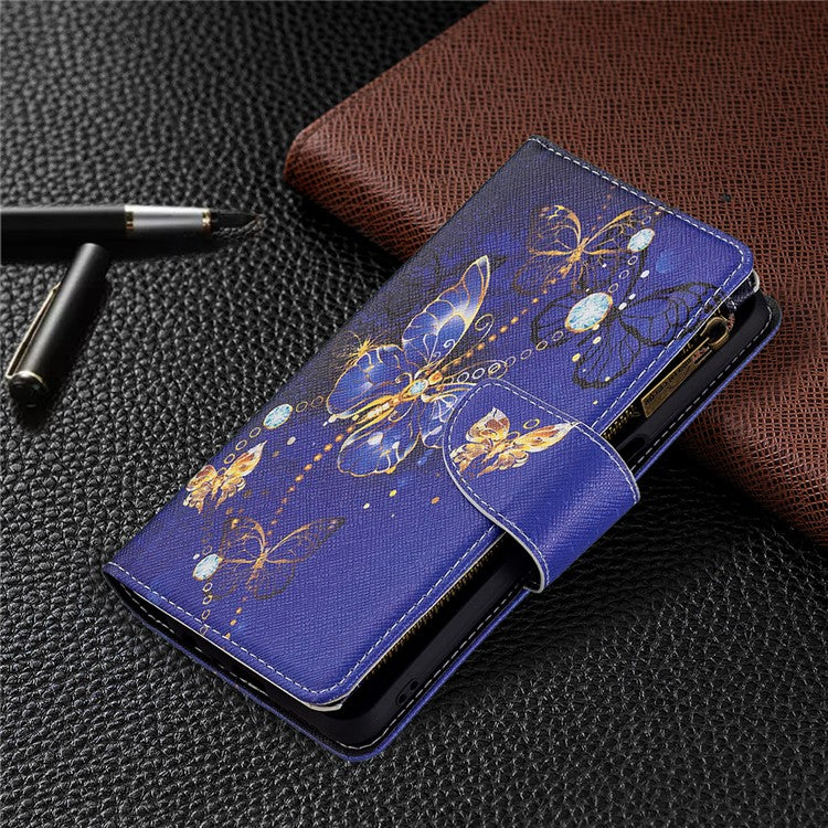 Shock-Absorbed Zippered Wallet Design BF03 Pattern Printing Full Protection Leather Stand Phone Cover for Oppo A74 5G/A93 5G/A54 5G - Golden Butterflies