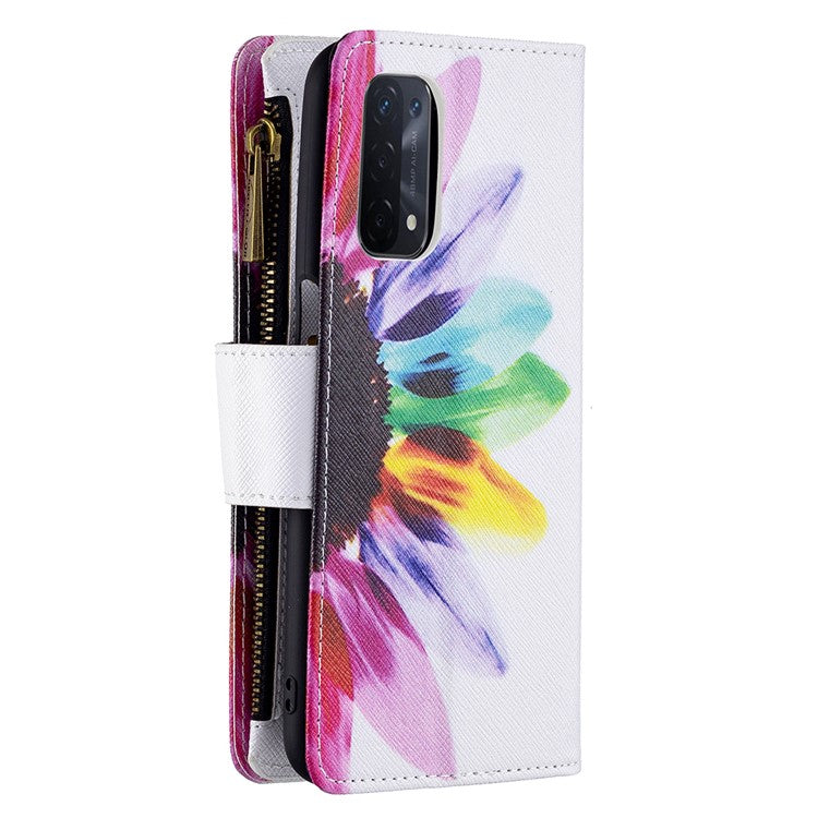 Shock-Absorbed Zippered Wallet Design BF03 Pattern Printing Full Protection Leather Stand Phone Cover for Oppo A74 5G/A93 5G/A54 5G - Sunflower