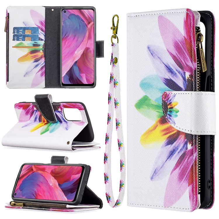Shock-Absorbed Zippered Wallet Design BF03 Pattern Printing Full Protection Leather Stand Phone Cover for Oppo A74 5G/A93 5G/A54 5G - Sunflower