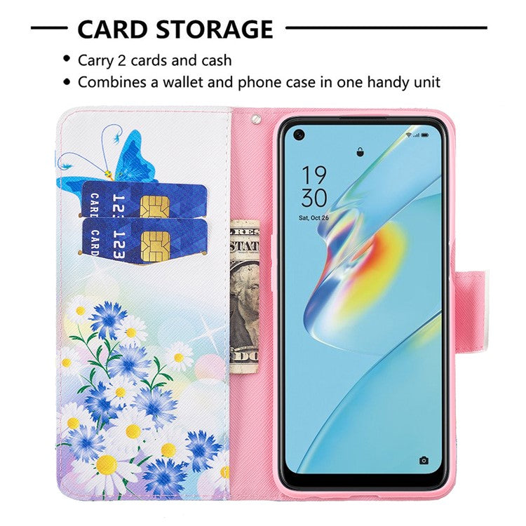 Wallet Design Drop-Resistant Pattern Printing Magnetic Leather Case with Adjustable Stand for Oppo A54 4G / A54s / A16 / A16s / A55 5G - Blue Butterflies and Flowers