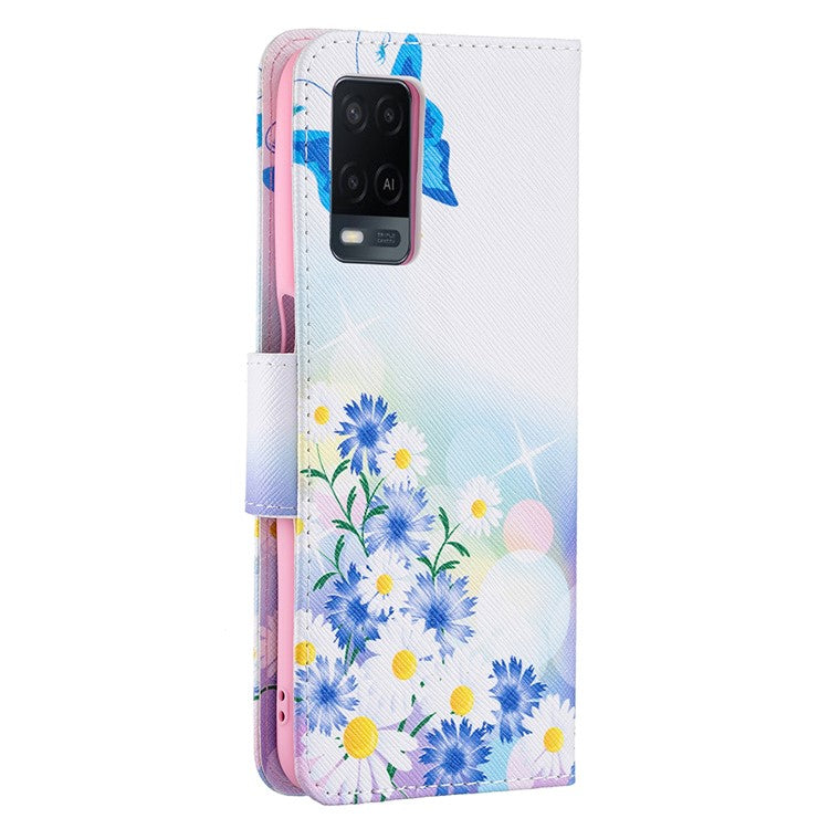 Wallet Design Drop-Resistant Pattern Printing Magnetic Leather Case with Adjustable Stand for Oppo A54 4G / A54s / A16 / A16s / A55 5G - Blue Butterflies and Flowers