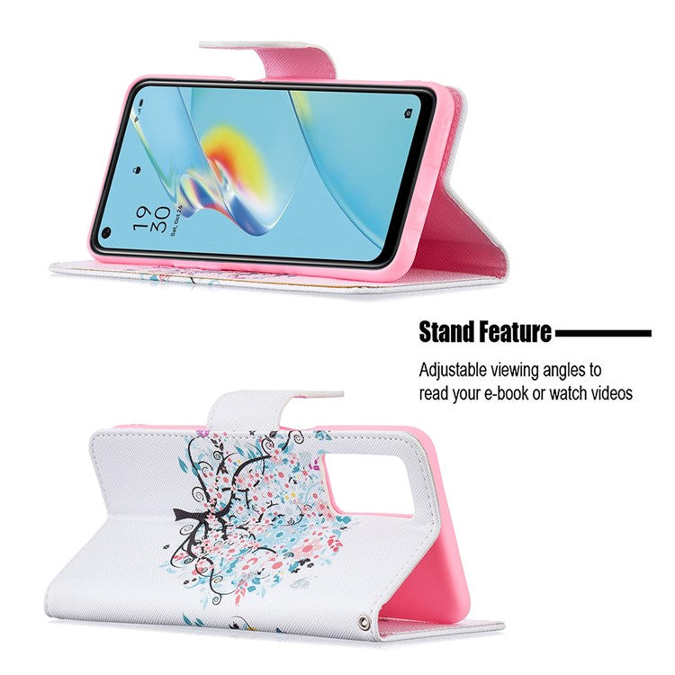 Wallet Design Drop-Resistant Pattern Printing Magnetic Leather Case with Adjustable Stand for Oppo A54 4G / A54s / A16 / A16s / A55 5G - Flower Tree