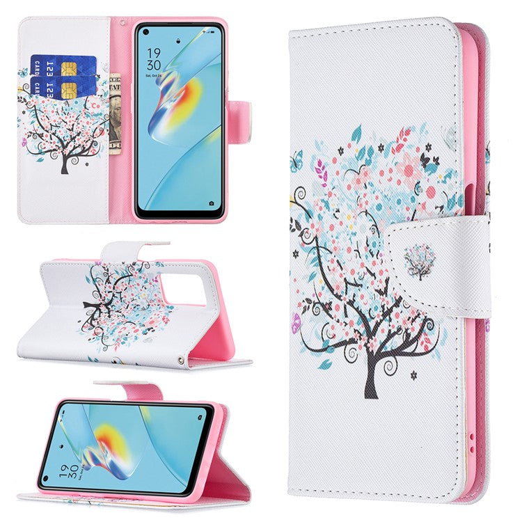 Wallet Design Drop-Resistant Pattern Printing Magnetic Leather Case with Adjustable Stand for Oppo A54 4G / A54s / A16 / A16s / A55 5G - Flower Tree