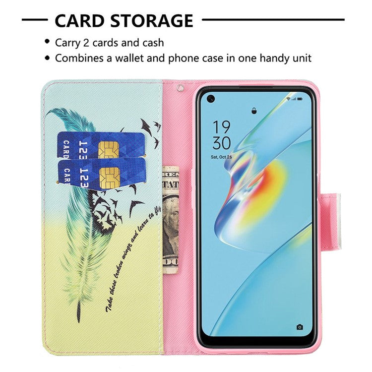 Wallet Design Drop-Resistant Pattern Printing Magnetic Leather Case with Adjustable Stand for Oppo A54 4G / A54s / A16 / A16s / A55 5G - Feather / Bird Pattern