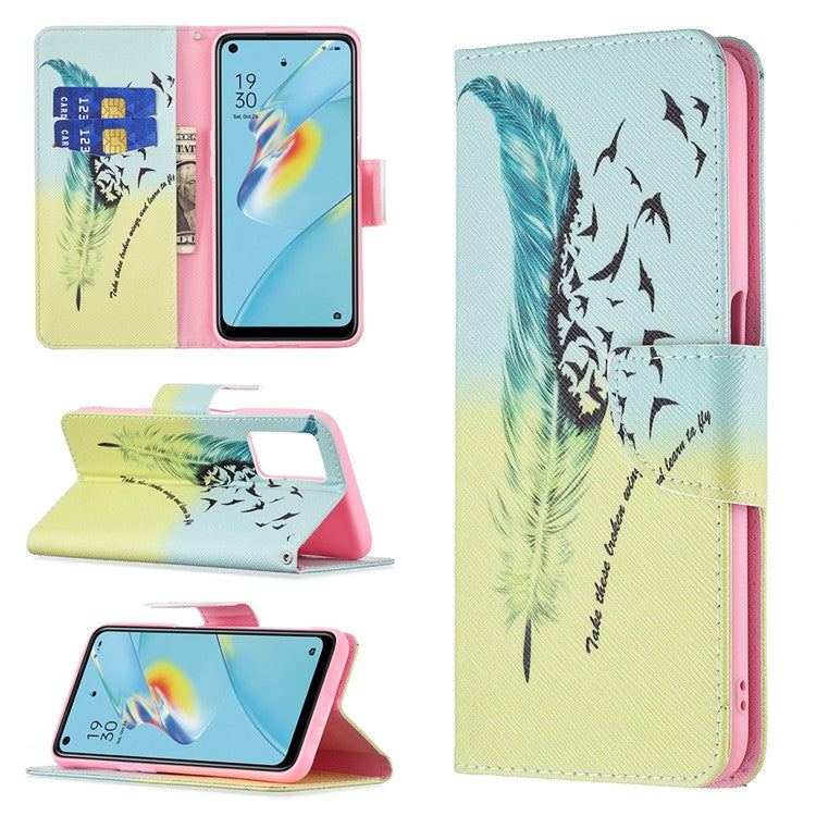 Wallet Design Drop-Resistant Pattern Printing Magnetic Leather Case with Adjustable Stand for Oppo A54 4G / A54s / A16 / A16s / A55 5G - Feather / Bird Pattern