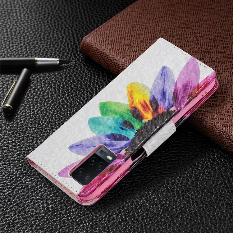 Wallet Design Drop-Resistant Pattern Printing Magnetic Leather Case with Adjustable Stand for Oppo A54 4G / A54s / A16 / A16s / A55 5G - Sunflower