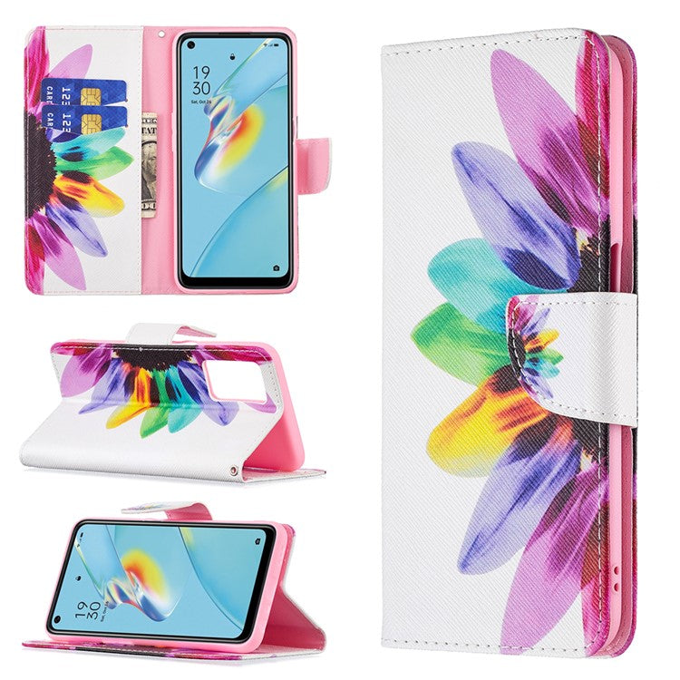 Wallet Design Drop-Resistant Pattern Printing Magnetic Leather Case with Adjustable Stand for Oppo A54 4G / A54s / A16 / A16s / A55 5G - Sunflower