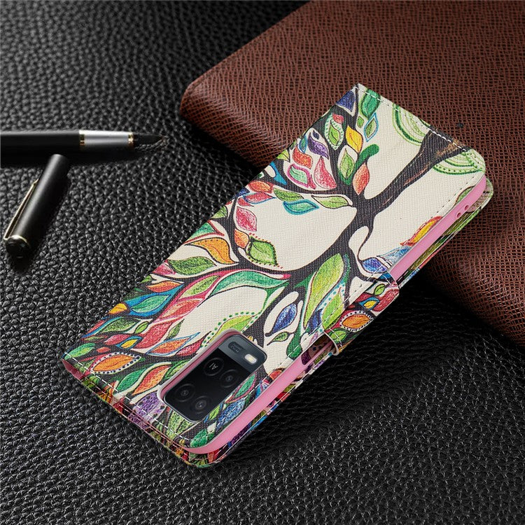Wallet Design Drop-Resistant Pattern Printing Magnetic Leather Case with Adjustable Stand for Oppo A54 4G / A54s / A16 / A16s / A55 5G - Life Tree